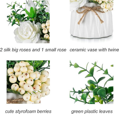 BLOSMON Table Decor Artificial Flowers Vase 7 Inch Small Fake Champagne Flower Arrangement 2pcs Floral Arrangement for Tables centerpieces Kitchen Dining Room Decorations Flower in Vase Silk Roses