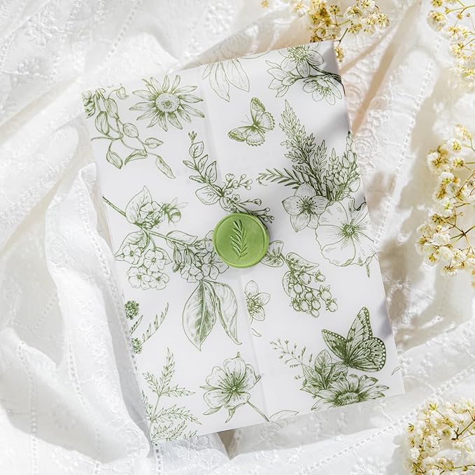 50 Pack Pre-Folded Vellum Jackets for 5x7 Invitations,AZAZA Elegant Translucent Invitation Sleeves,115GSM Vellum Jackets 5x7, Wedding Invitation Accessories, for Weddings Birthdays,Sage Green Toile