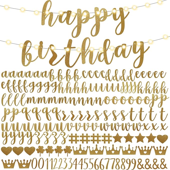 TaoBary 167 Pcs DIY Banner Kit Happy Birthday Glitter Banner Customizable Glitter Make Your Own Kit 162 Letters Symbols and Numbers 3 Rope for Birthday Halloween Wedding Christmas(Champagne Gold)