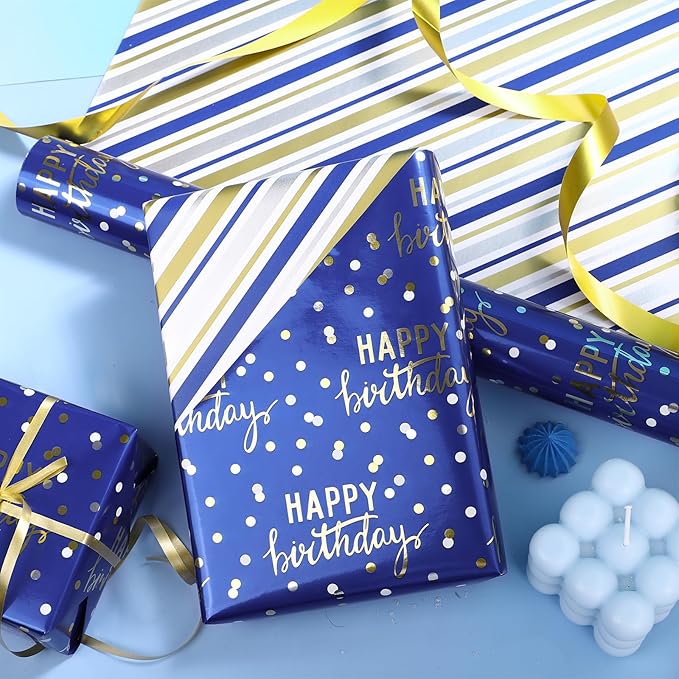 LeZakaa Reversible Blue Birthday Wrapping Paper Roll for Boys Men, Happy Birthday Lettering & Stripe Pattern with Metallic Foil in Navy Blue, Mini Roll, 17 inches x 32.8 Feet (46.45 sq.ft.)