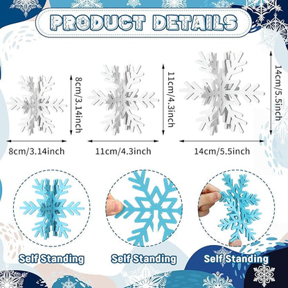 Bucherry 12 Pcs Wooden Snowflake Table Decor 3D Snowflake Tabletop Signs and Centerpiece for Christmas Xmas Winter Wonderland Decorations Home Party(White, Light Blue)