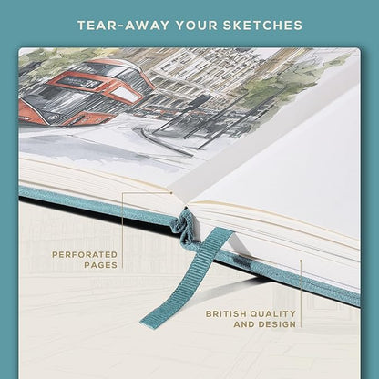BEECHMORE BOOKS A4 Sketchbook – 8.5x11 Premium Vegan Leather Bound Large Sketch Book Hardcover With 156 Thick 160gsm Perforated Ivory Pages, Blank Sketch Pad, Gift Boxed, Back Pocket, Ribbon Bookmark