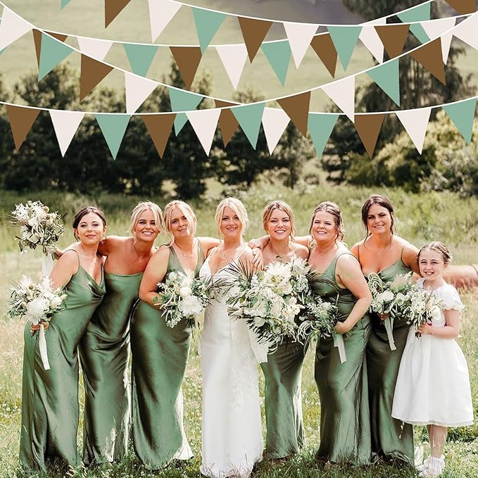 32Ft Sage Green Brown Party Decorations Retro Colored Triangle Flag Fabric Banner Pennant Bunting Garland Streamers for Birthday Wedding Baby Shower Jungle Safari Summer Christmas Outdoor Party Decor