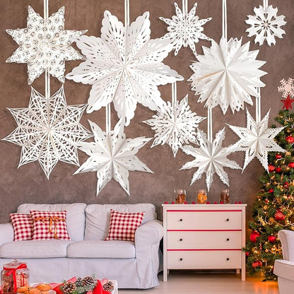 10 Pcs Christmas Paper Snowflake Lanterns, Large Christmas Paper Star Lanterns with LED Lights White Hanging Snowflake Lamp Ornaments for Xmas Winter Frozen Weddings Birthday Holiday Party Decorations