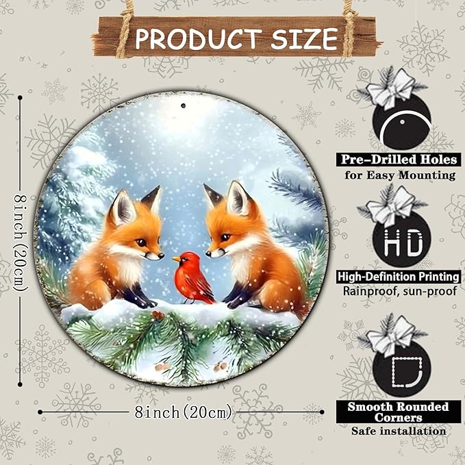 Christmas Round Fox Metal Tin Sign - Red Bird Winter Vintage Sign for Home & Outdoor Decorations - 8 * 8 in
