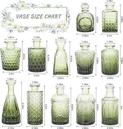 12pcs Glass Bud Vase Set, Small Green Flower Vases for Centerpieces in Bulk, Mini Vintage Vase for Wedding, Home,Table Decoration