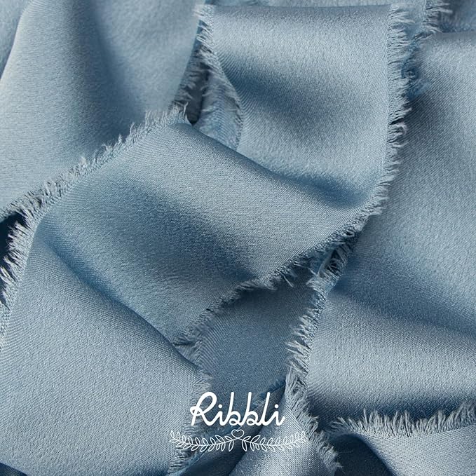 Ribbli Dusty Blue Silk Satin Ribbon 1.5 Inch x 12 Yard Handmade Frayed Chiffon Ribbon with Wooden Spool for Gift Wrapping, Wedding Invitations, Bridal Bouquets, Home Decor