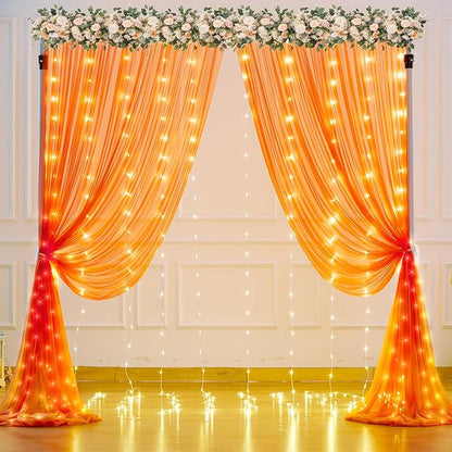 Orange Tulle Backdrop Curtain with Lights String for Parites 10x8ft Sheer Backdrop Curtains Drapes for Birthday Party Baby Shower Wedding Ceremony Prom Halloween Photo Booth Background Decorations