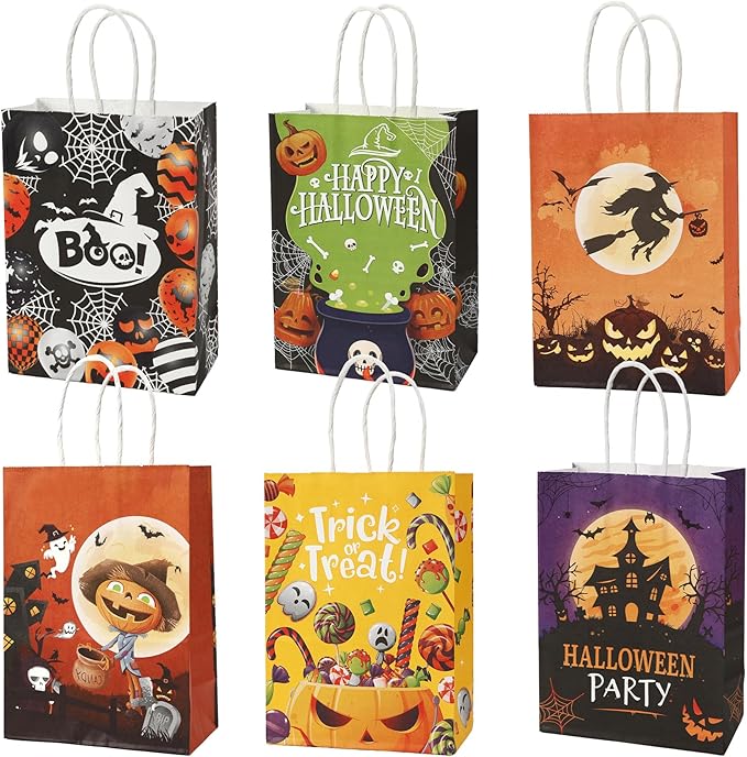 24 Pcs Halloween Paper Gift Bags, 6 Styles Halloween Goodie Bags with Handles, Halloweens Treat Bag Party Favors Bag Holiday Trick or Treat Party Supplies