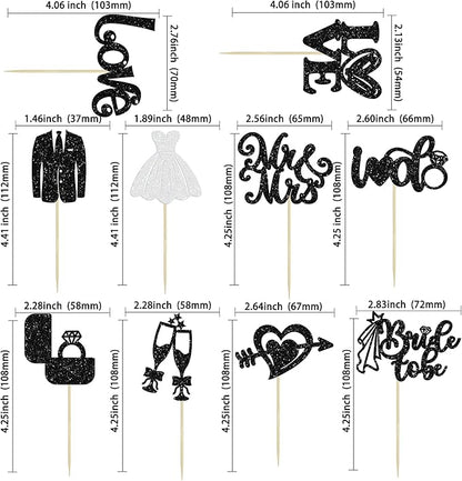 Ephlyn 30Pcs Bride to be Cupcake Toppers Glitter Wedding Cake Topper Decorations I Do Love Heart Ring Cupcake Picks for Bridal Shower Wedding Engagement Party Supplies Black