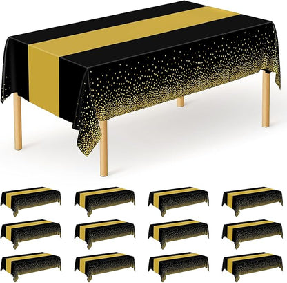 QZYL 12Pack Plastic Table Cloth Disposable, 54" x 108" Waterproof Black Table Cloths with Gold Dots, Outdoor Tablecloth for Rectangle, Table Cloth Cover for New Years Eve Decorations Holiday Birthday