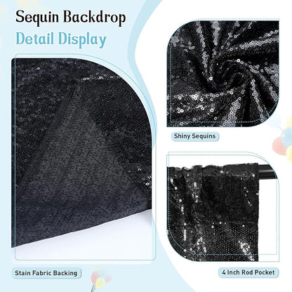 SquarePie Sequin BackdropLess See Through Thick Background Glitter Curtain for Halloween Party 6FT x 8FT Black