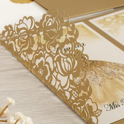 DORIS HOME 50pcs Laser Cut Quinceanera Invitations Gold, 4.7x7.1 Personalized Quince Invitations for 15th Birthday, Invitation cards for Sweet 16 with Envelopes