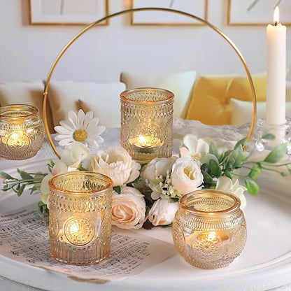 DARJEN 12Pcs Gold Votive Candle Holders - Glass Candle Holder for Table Centerpiece, Tea Lights Candle Holders for Home, Party & Wedding Shower Decoration