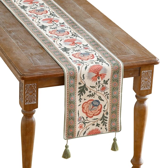 ISAENNE Designer Vintage Linen Extra Long Table Runner 118 Inches,Elegant Floral Pattern Wrinkle Resistant Table Runners for Dining Tables,Thanksgiving,Kitchen Tables,Christmas,12"*118"-Daffy B