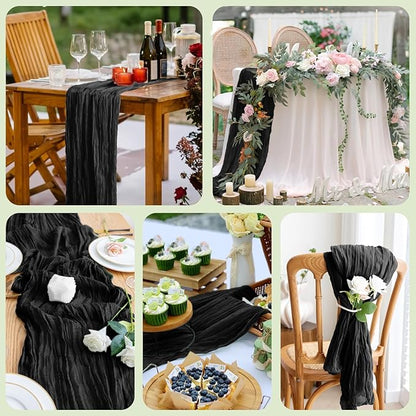 Asee'm 3pcs Cheesecloth Table Runner 120 Inches Long Black Boho Gauze Cheese Cloth Runner 10FT Rustic Sheer Table Runners for Christmas Wedding Party Baby Shower Spring Easter Decoration