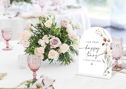 Boho Floral Happy Tears Tissue Sign, 6 x 8 Inch White Arch Acrylic Wedding Sign with Holder, Wedding Sign for Ceremony and Reception, Wedding Decoration, Wedding Supplies - BX25