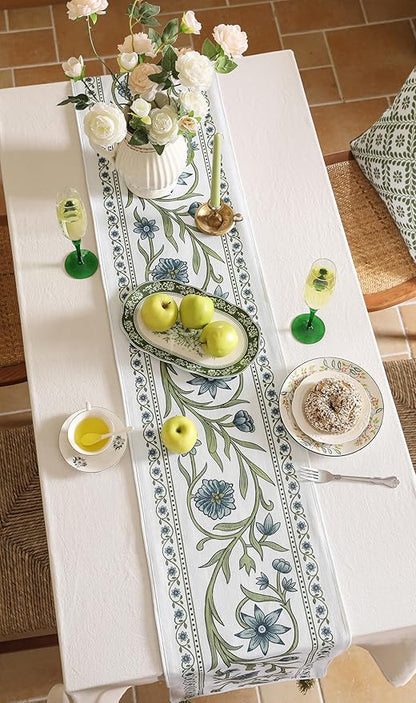ISAENNE Designer Elegant Linen Table Runner 87 Inches Long,Vintage Blue Floral Pattern Decor Table Runners for Dining Tables,Kitchen Tables,Thanksgiving,Christmas,Banquet,12"*87"-Mosella E