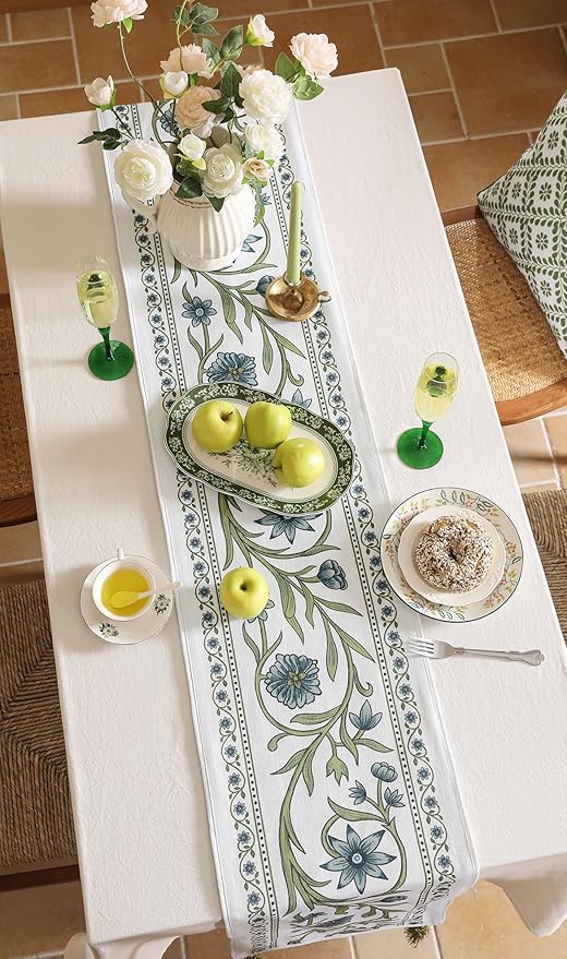 ISAENNE Designer Elegant Linen Extra Long Table Runner 118 Inches,Vintage Blue Floral Pattern Decor Table Runners for Dining Tables,Kitchen Tables,Thanksgiving,Christmas,12"*118"-Mosella E