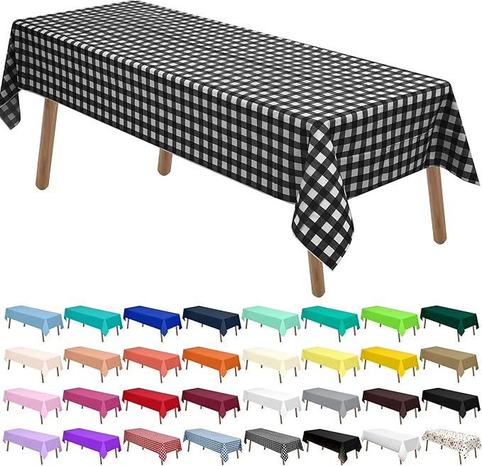 Black & White Gingham Checkered Plastic Tablecloths 2 Pack Disposable Table Covers 54 x 108 Inch Party Tablecovers Buffalo Plaid Table Cloth for BBQ, Picnic, Birthday