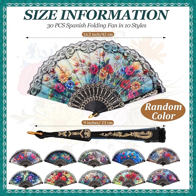Geetery 30 Pcs Folding Hand Fan for Line Dancing Spanish Boots on The Ground Fans Gifts Bulk Colorful Silk Popping Rave for Women Tea Party Wedding Church Halloween Costume(Floral,Colors Random)