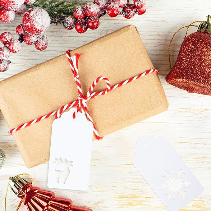 jijAcraft Christmas Gift Tags - 150Pcs Christmas Tags with String, Blank White Paper Hollow Trees, Rudolph, Snowflake Shapes Holiday Labels for Xmas Party Favors, DIY Crafts, Jar