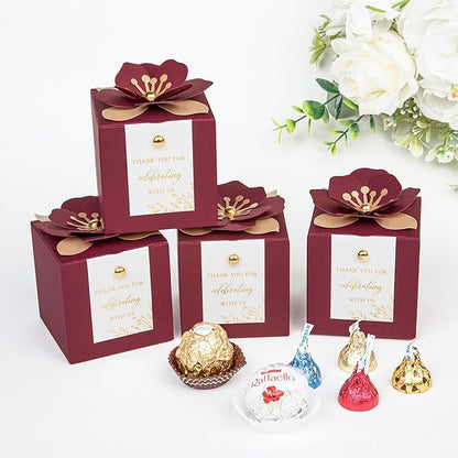 FEIYI 20 PCS Favor Boxes, 3 In 1Burgundy Candy Boxes with Floral Decor, White Thank You Tags Gold Foil Print Gift wrapping for Wedding, Baby Shower, Birthday, Decorations Party - 2.55x2.55x2.55