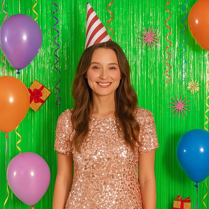 2 Pack Pastel Green Foil Fringe Backdrop Curtains, Tinsel Streamers Party Decorations, Fringe Backdrop for Baby Shower, Birthday Party