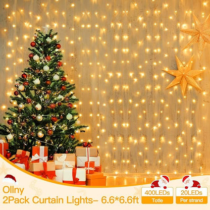 Ollny 2 Pack Curtain String Lights Warm White, 400LED 6.6x6.6ft Fairy Lights With Remote 8 Modes, Hanging Outdoor Waterproof, USB Power Wall for Bedroom Indoor Backdrop Window