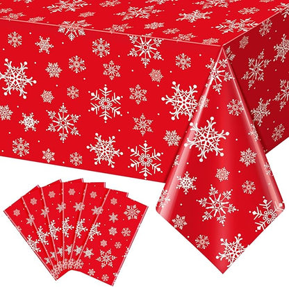 Jectivs 6 Pieces Christmas Snowflake Plastic Party Tablecloth Decorations,White Snowflake Red Xmas Backdrop Sign Table Cover Banner for Winter Christmas Holiday Party Supplies,54x108 inch (Red)