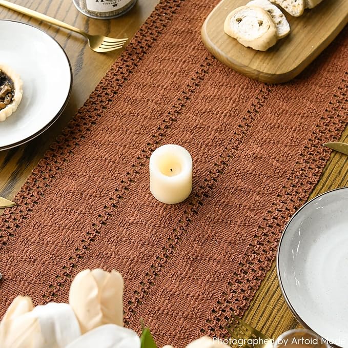 Artoid Mode Caramel Farmhouse Woven Rustic Hollow Table Runner, Seasonal Holiday Hollow Kitchen Dining Table Decoration for Home Party Decor 12x72 Inch