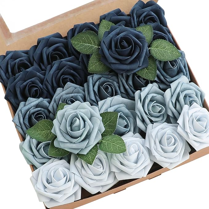 Floroom Artificial Flowers 25pcs Real Looking Blue Ombre Colors Foam Fake Roses with Stems for DIY Wedding Bouquets Bridal Shower Centerpieces Floral Arrangements Party Tables Home Decorations