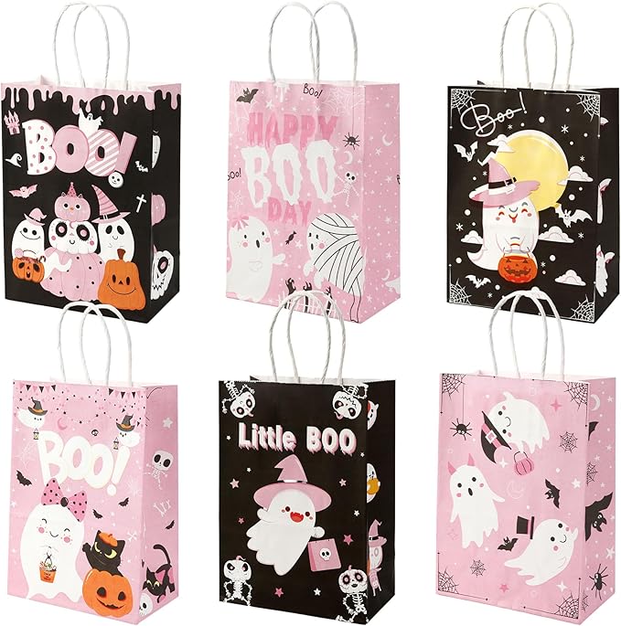 24 Pcs Halloween Paper Gift Bags, 6 Styles Halloween Goodie Bags with Handles, Halloweens Treat Bag Party Favors Bag Holiday Trick or Treat Party Supplies