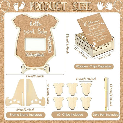 Wenqik 63 Pcs Bodysuit Baby Shower Guest Book Alternatives Set Baby Shower Decorations with Photo Frame Sonogram Frame Keepsake 60 Wood Slices Guest Book for Birthday