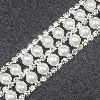 PEARLY JUN 1 Yard Pearl Rhinestone Trim Chain Silver Crystal Fringe Diamond Applique Ribbon String Tassel Strip for Sewing Wedding Dress Crafting Crafts Flower Embellishments