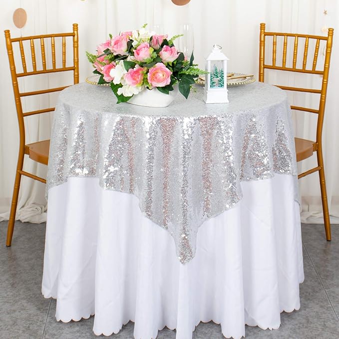 ShinyBeauty Sequin Tablecloth 36x36-Inch-Silver Square Glitter Table Cover Silver Table Cloths for Parties-190626J