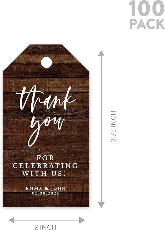 Andaz 100-Pack Personalized Thank You Tags - Custom Cardstock Wedding Favors with Bakers Twine & Rustic Wood Finish - 2 x 3.75-Inches