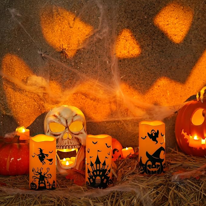 Homemory Halloween Candles, Orange Flameless Candles, Battery Operated Decals Plastic LED Pillar Candles with Remote Timers for Outdoor Day of The Dead, Halloween Spooky Decor, Waterproof, Set of 3