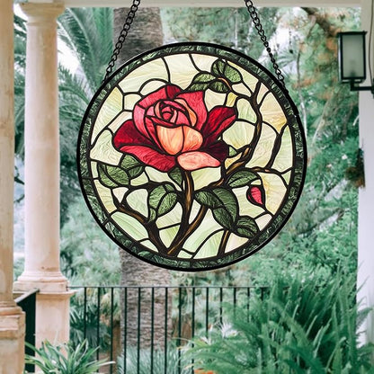 Stained Glass Window Hanging, Red Rose Flowers Sun Catcher for Door Garden Home Decor Suncatcher Christmas Mother's Day Birthday Gifts for Women Lovers Men Wife Girlfriend Mom Nana 9.8 in