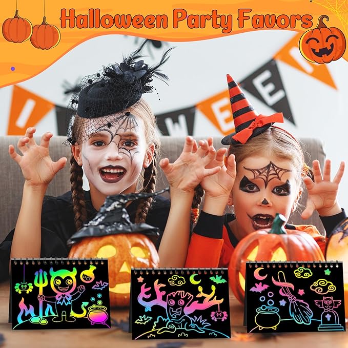ZMLM Rainbow Scratch Party Favors Kids: Birthday Gifts Toy Bulk Scratch Art Notebook 24 Pack Birthday Goodie Bags Stuffers Girls Boys Art Craft Pad Classroom Prizes School Teacher Supplies (Halloween)