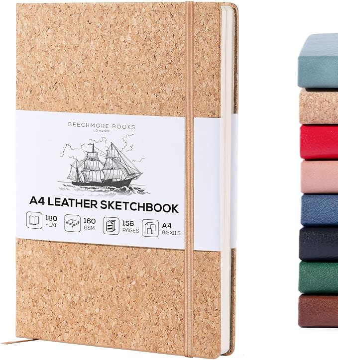Beechmore Books A4 Sketchbook – 8.5x11 Premium Vegan Leather Bound Large Sketch Book Hardcover with 156 Thick 160gsm Perforated Ivory Pages, Blank Sketch Pad, Gift Boxed, Back Pocket, Ribbon Bookmark