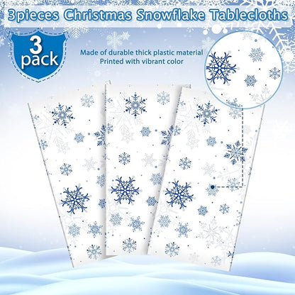 3 Pieces Snowflake Christmas Party Tablecloth Decorations,Plastic White Snowflake White Blue Xmas Backdrop Sign Table Cover Banner for Winter Christmas Holiday Party Supplies,54x108 inch（White/Blue）