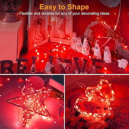 btfarm 12 Pack Fairy Lights Battery Operated [3 Modes], 7ft 20 Led Twinkle Lights String Lights Waterproof Bulk Small Mini Silver Wire for Christmas Mason Jars Wedding Table Centerpiece, Red