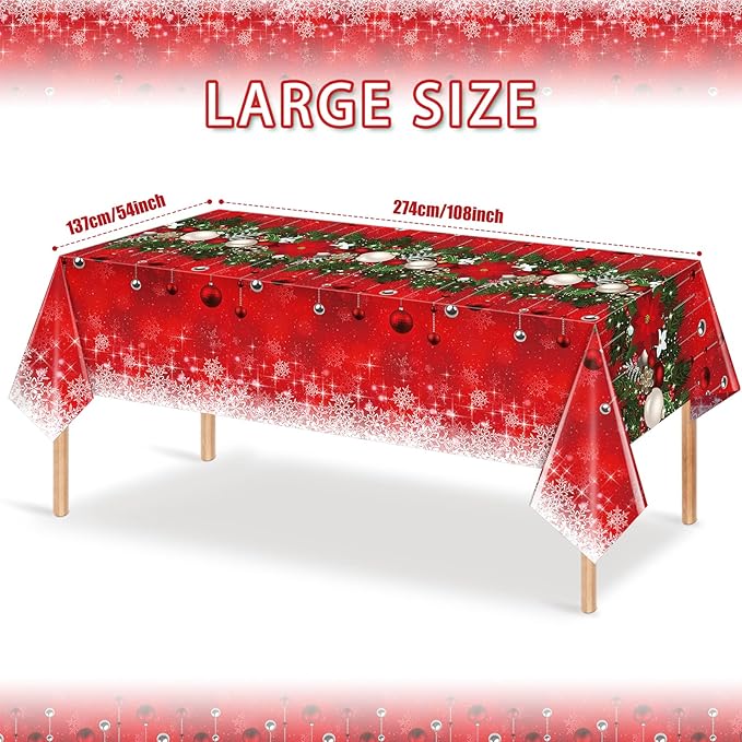 6Pieces Merry Christmas Tablecloth Plastic Christmas Tree Ball Table Cover Rectangle Winter Snowflake Tablecloth for Merry Christmas Holiday New Year Eve Party Decorations Supplies,54x108inch