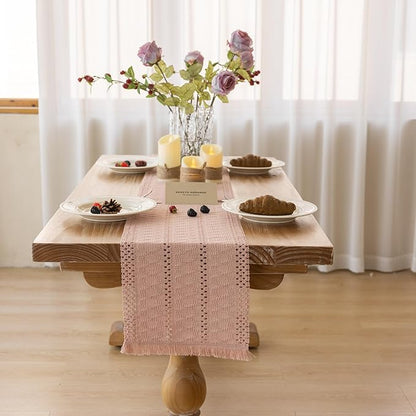 Boho Pink Table Runner for Home Decor 12x72 Inches Farmhouse Macrame Burlap Jute Rustic Dining Kitchen Centerpiece Bohemian Decor French Country Baby Bridal Shower Decorations