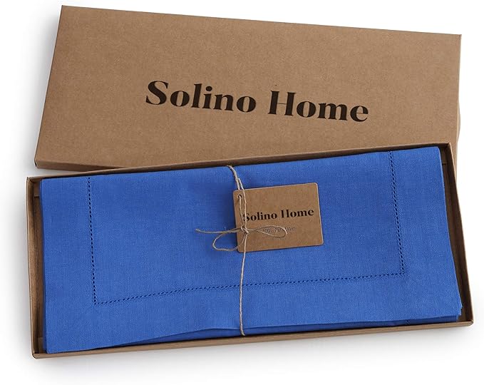 Solino Home Linen Royal Blue Table Runner 90 Inches Long - 100% Pure Linen 14 x 90 Inch Table Runner for Christmas - Classic Hemstitch