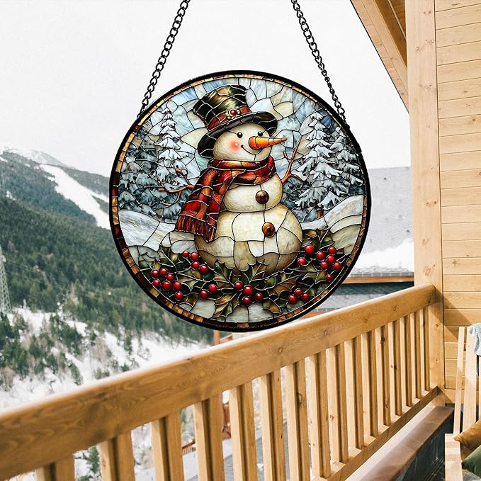 Stained Glass Window Hanging - Christmas Snowman Suncatcher for Door Terrace Garden Home Decor Winter Forest Snow Sun Catcher Birthday Gifts for Lovers Women Men Dad Mom Nana 11.8 in