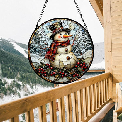 Stained Glass Window Hanging - Christmas Snowman Suncatcher for Door Terrace Garden Home Decor Winter Forest Snow Sun Catcher Birthday Gifts for Lovers Women Men Dad Mom Nana 11.8 in