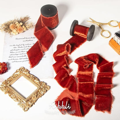 Ribbli Rust Red Velvet Ribbon 1.5 Inch Handmade Frayed Vintage Christmas Ribbon for Gift Wrapping Christmas Tree Ornament Wreath Craft Home Decor -Total 3 Yards with Wooden Spool