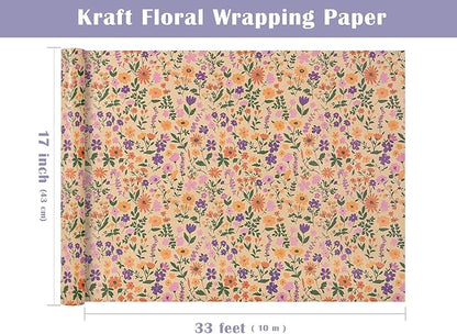 WRAPAHOLIC Kraft Floral Wrapping Paper Roll - Mini Roll - 17 Inch x 33 Feet - Vintage Flower Wrapping Paper, Perfect for Wedding, Birthday, Bridal Shower, Tea Party